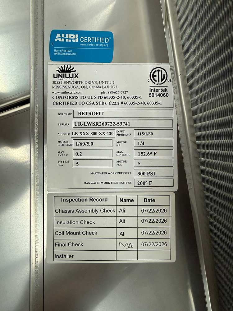 Unilux CRFC Certified Fan Coils